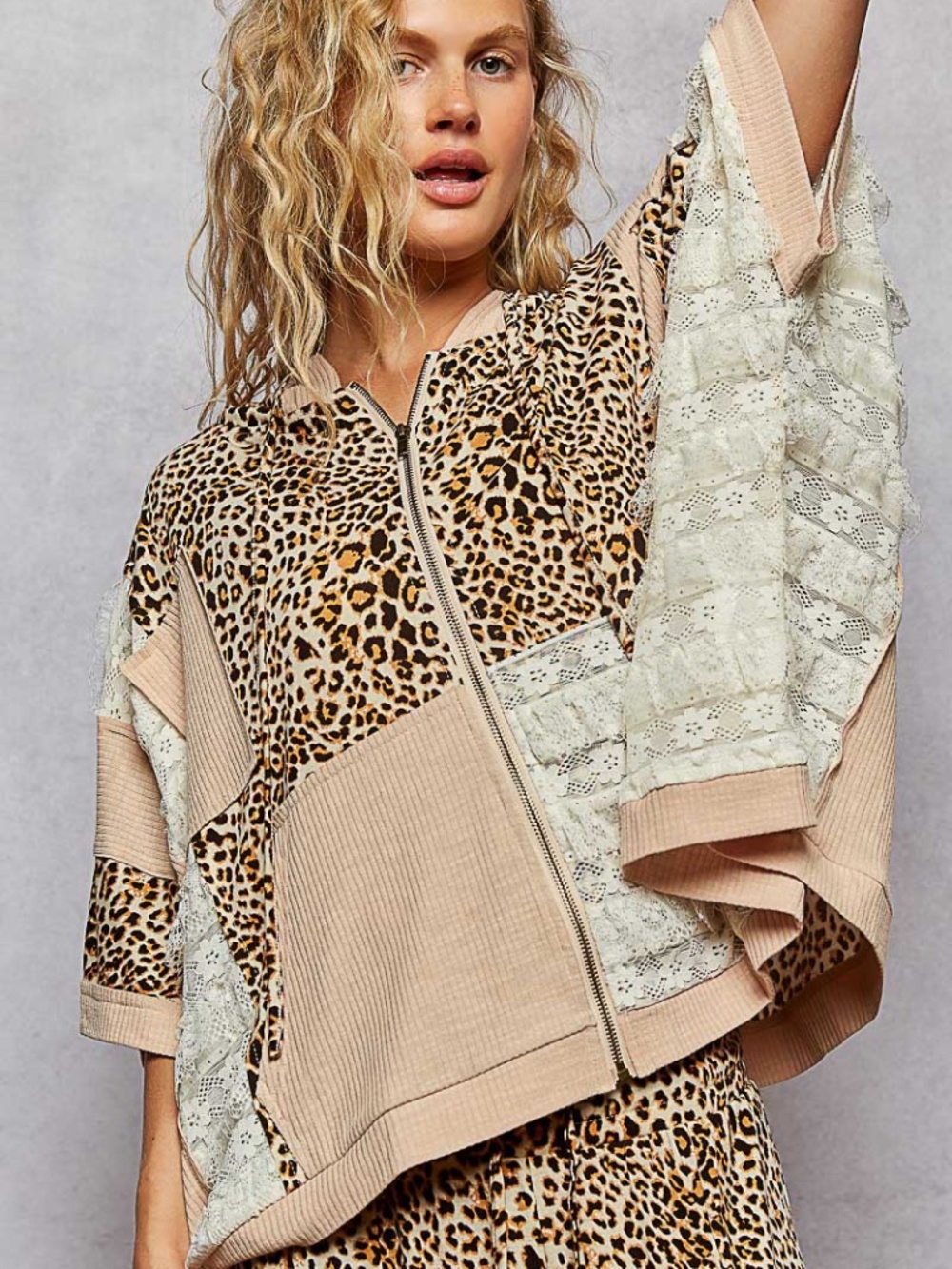 POL Beige and Leopard Print Zip-Front Jacket